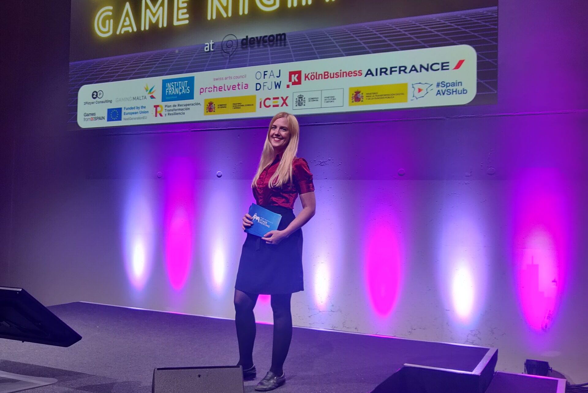 Marie Mejerwall hosting the European Game's Night at devcom