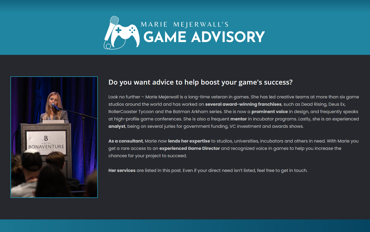 Screenshot of Marie's website section for her advisory